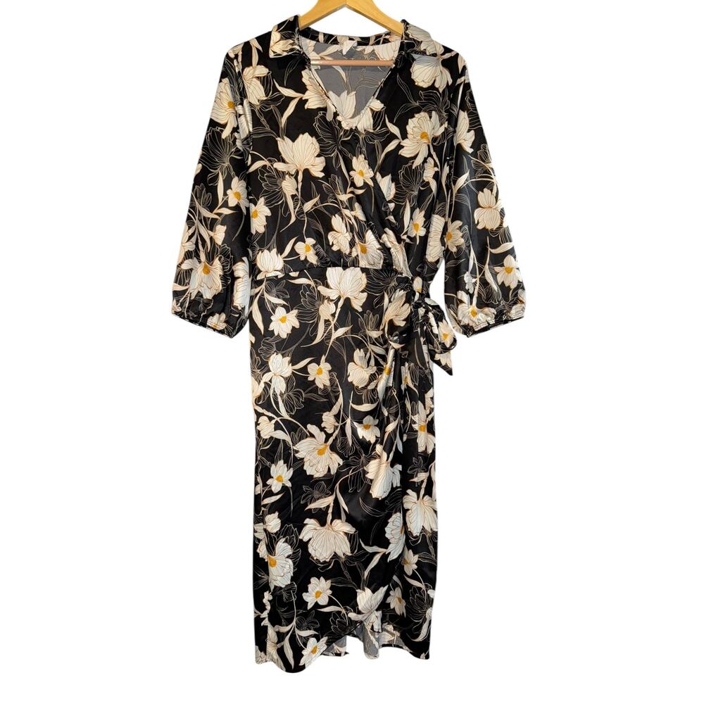 Naif Faux Wrap Satin Dress‎ Women's XL Balloon Sleeve Lilly Floral Wedding Event